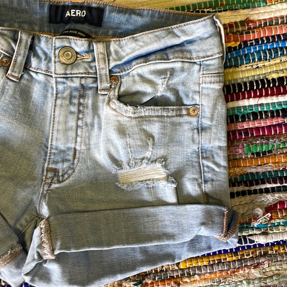 AERO Lt Blue Distressed MIDI Denim Shorts- #1813 - Picture 5 of 13